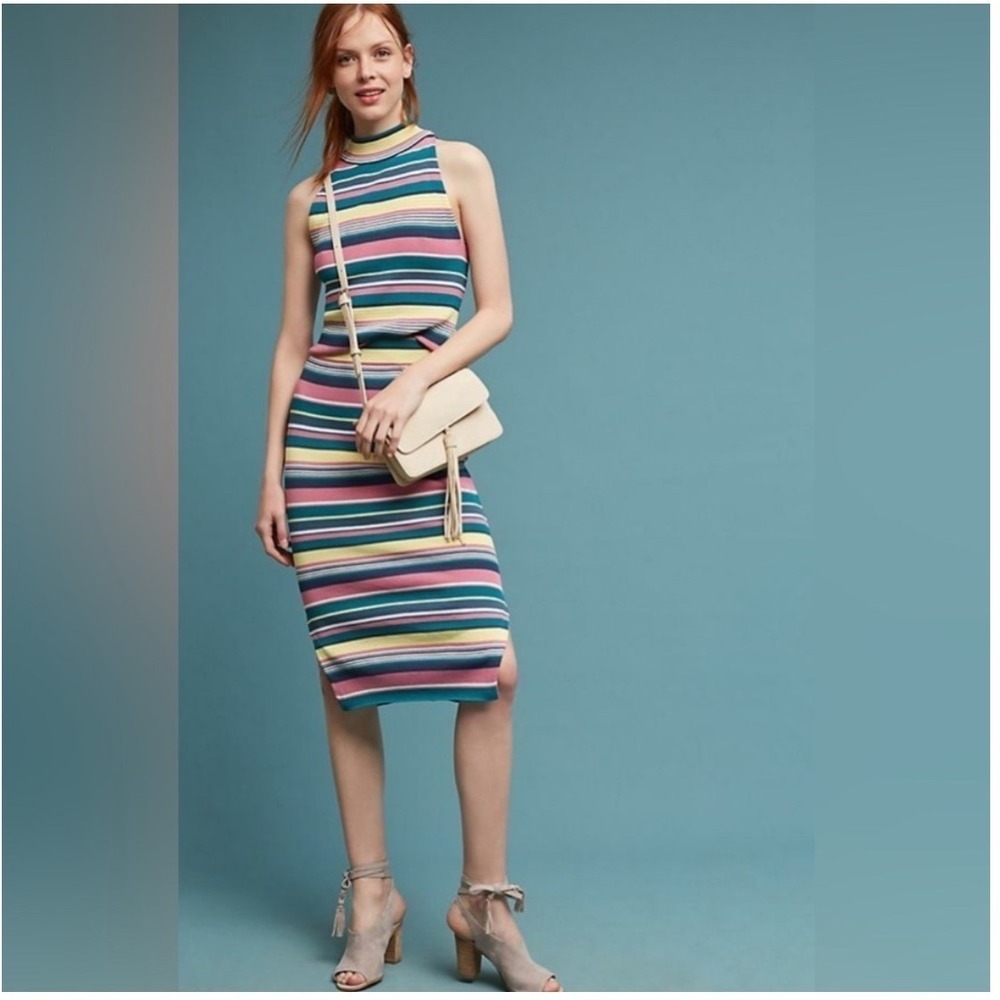 Maeve Anthropologie Lana Striped Knit Mock Neck Sleeveless Midi Dress Set Size M